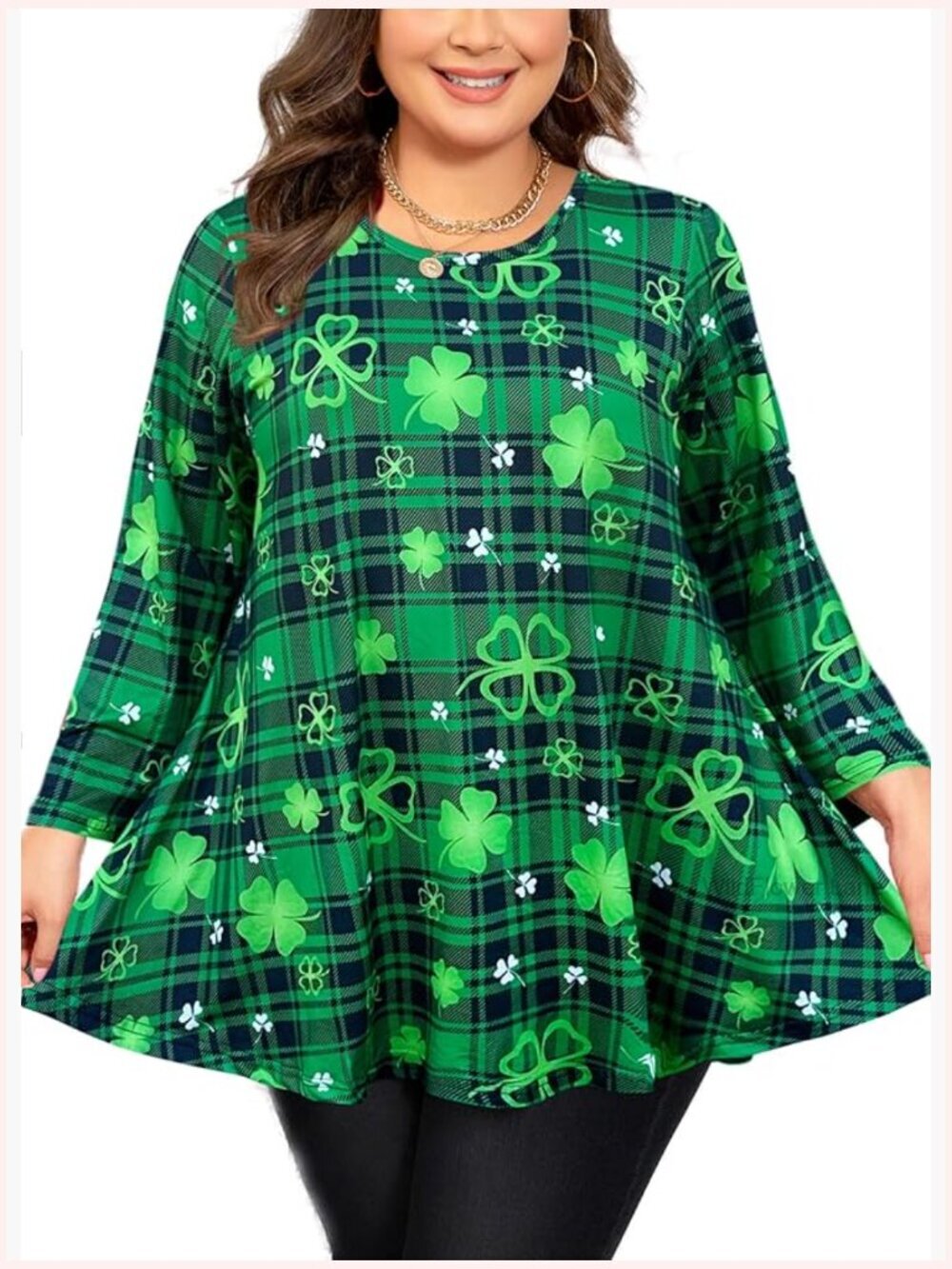 Plus Size 3/4 Sleeve Tunic Crew Neck Swing Flare Blouse